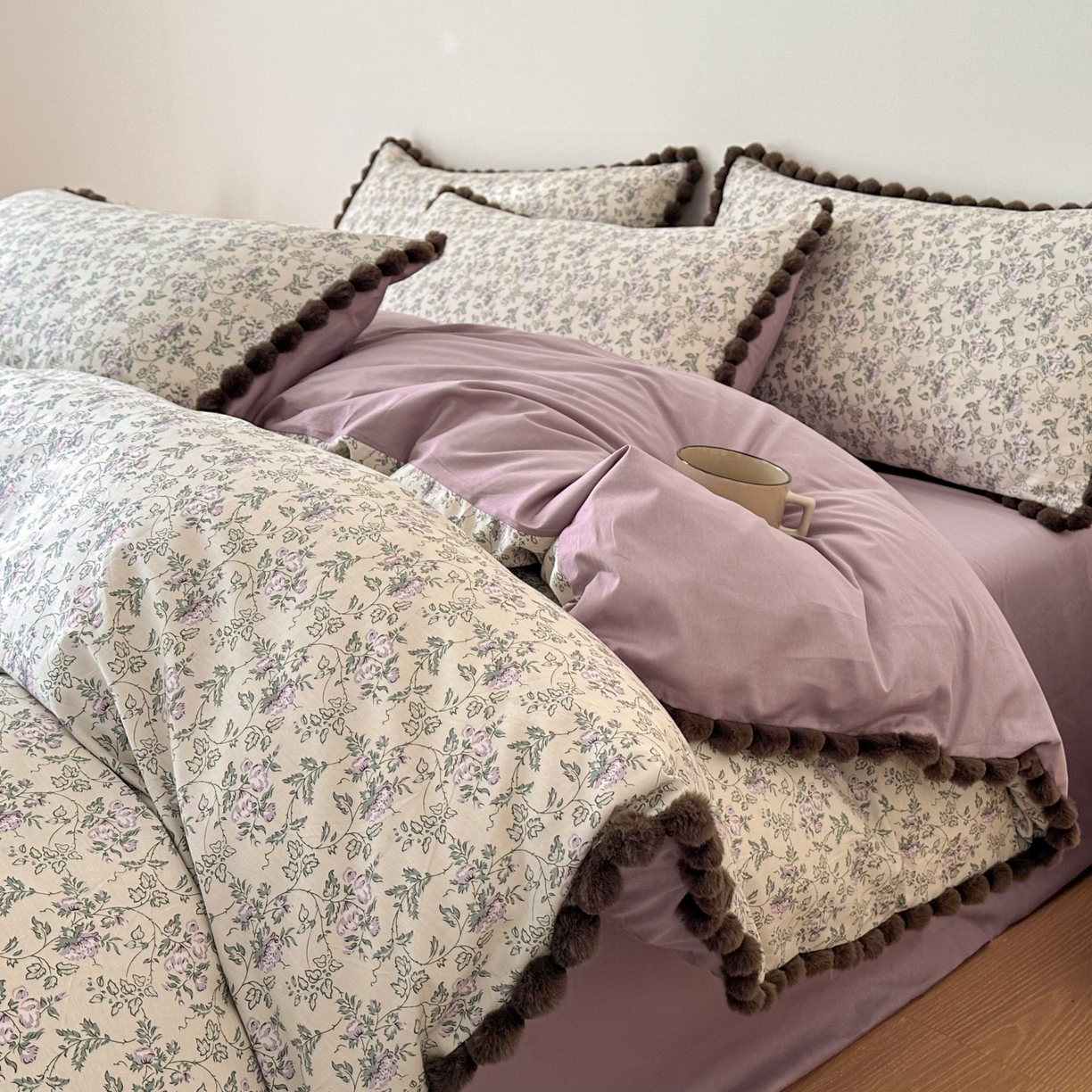 91家纺网 家纺一手货源 找家纺 羚羊语家纺 2026新款全棉毛球款四件套40支纯棉轻奢13372小清新喷气印花四件套被套床单床笠三件套 浣纱记