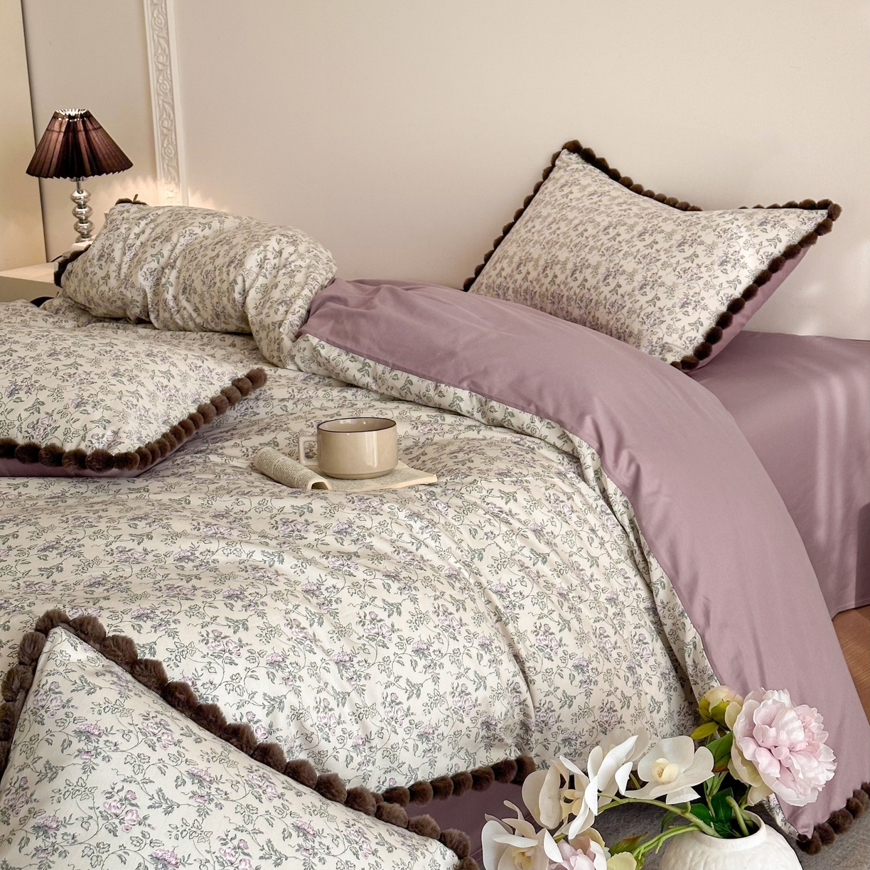 91家纺网 家纺一手货源 找家纺 羚羊语家纺 2026新款全棉毛球款四件套40支纯棉轻奢13372小清新喷气印花四件套被套床单床笠三件套 浣纱记