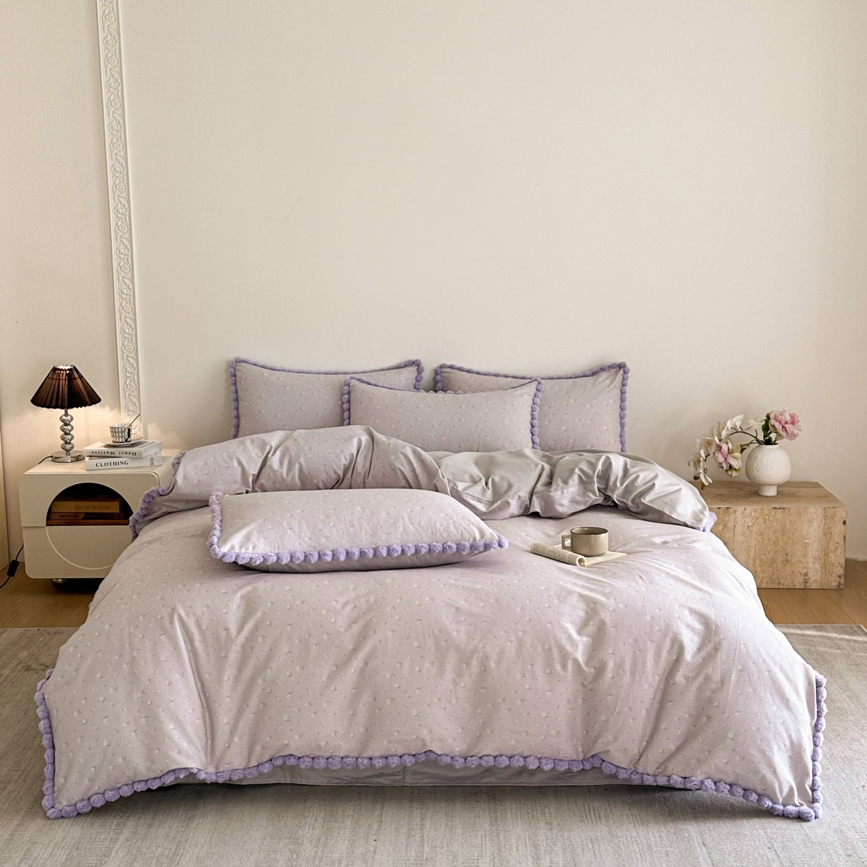 91家纺网 家纺一手货源 找家纺 羚羊语家纺 2026新款全棉毛球款四件套40支纯棉轻奢13372小清新喷气印花四件套被套床单床笠三件套 暮山紫