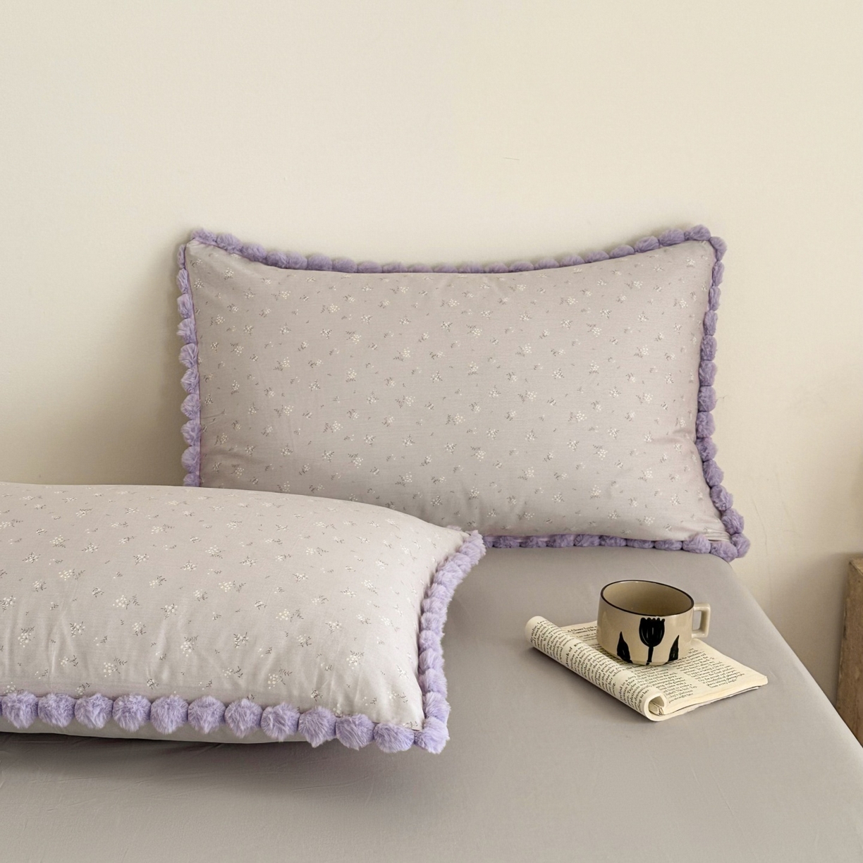 91家纺网 家纺一手货源 找家纺 羚羊语家纺 2026新款全棉毛球款四件套40支纯棉轻奢13372小清新喷气印花四件套被套床单床笠三件套 暮山紫