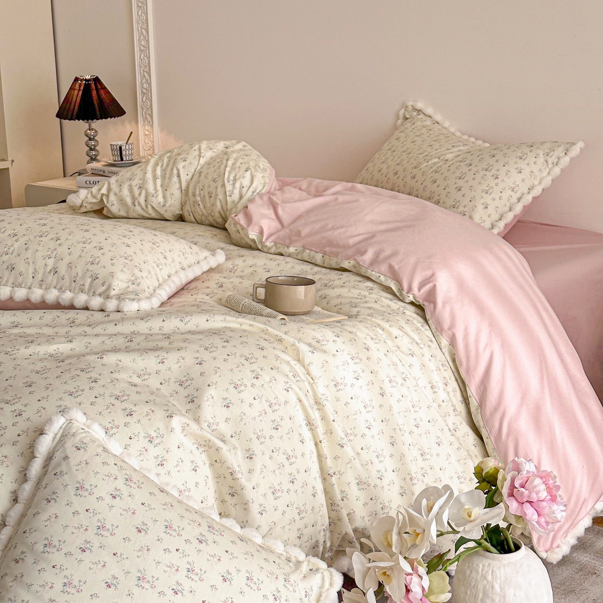 91家纺网 家纺一手货源 找家纺 羚羊语家纺 2026新款全棉毛球款四件套40支纯棉轻奢13372小清新喷气印花四件套被套床单床笠三件套 伊旬粉