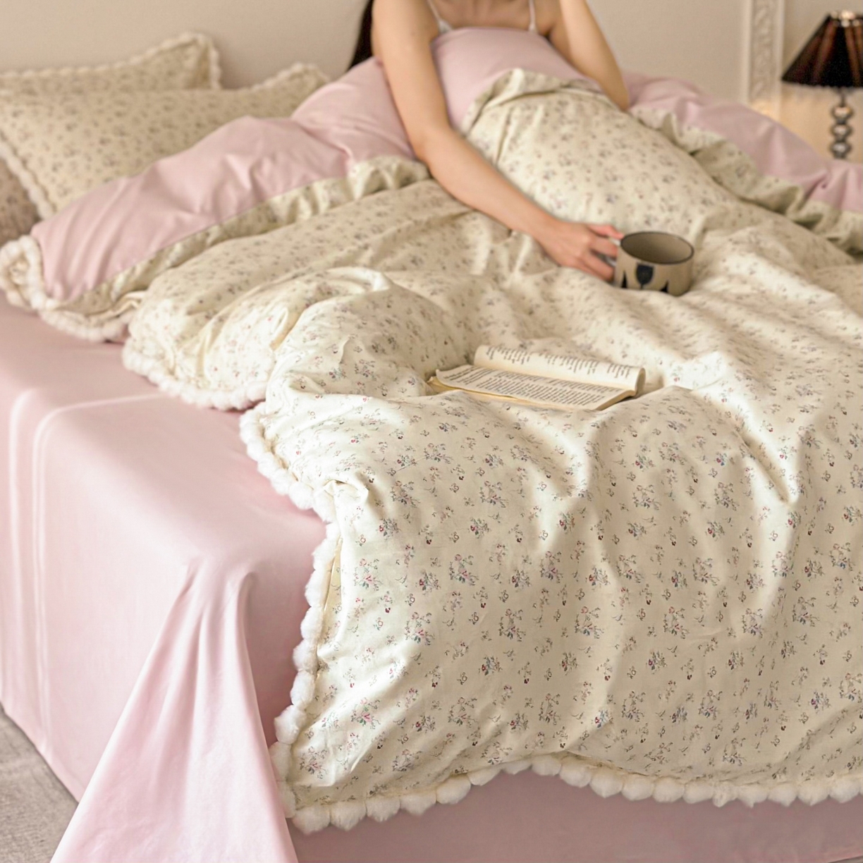 91家纺网 家纺一手货源 找家纺 羚羊语家纺 2026新款全棉毛球款四件套40支纯棉轻奢13372小清新喷气印花四件套被套床单床笠三件套 伊旬粉