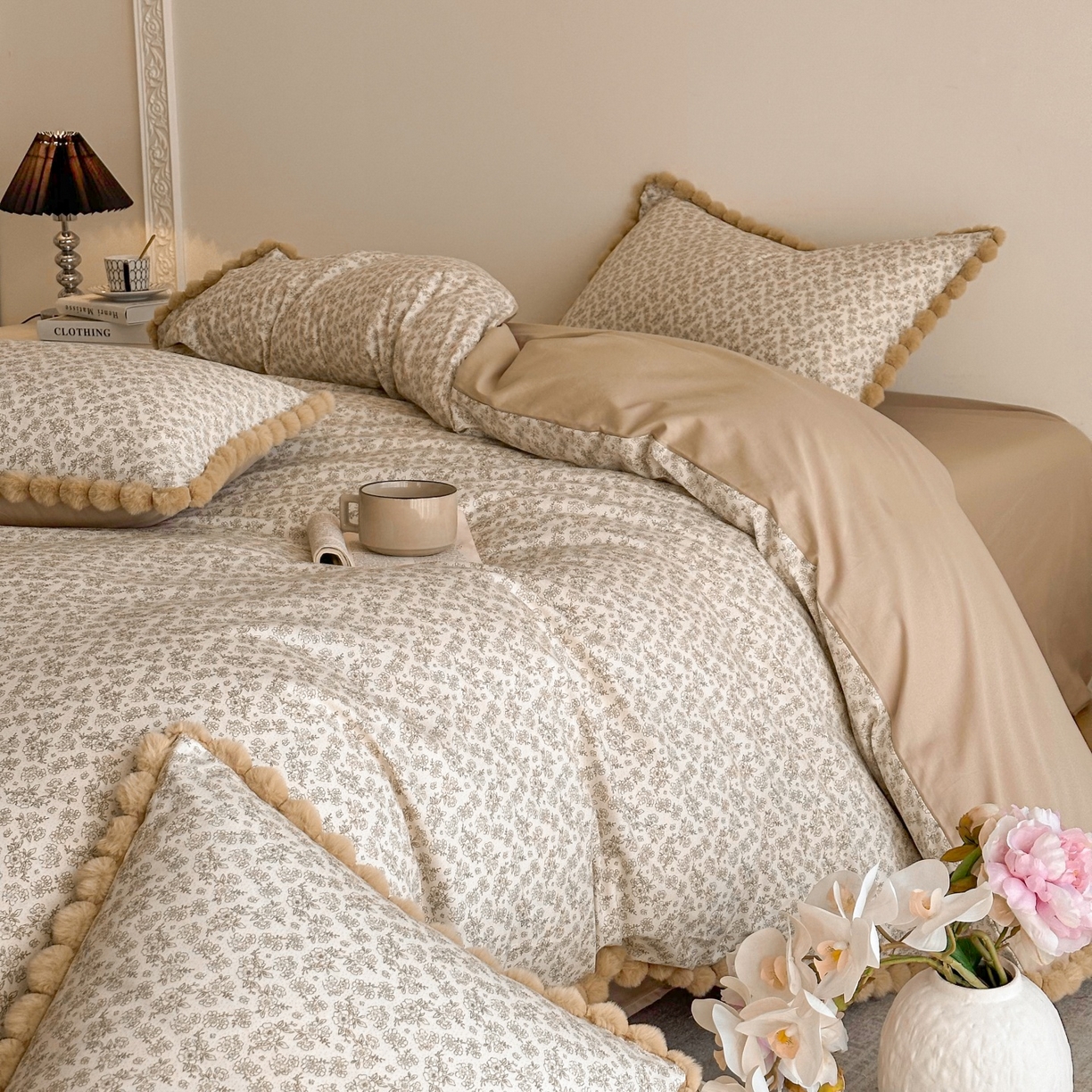 91家纺网 家纺一手货源 找家纺 羚羊语家纺 2026新款全棉毛球款四件套40支纯棉轻奢13372小清新喷气印花四件套被套床单床笠三件套 月光纱