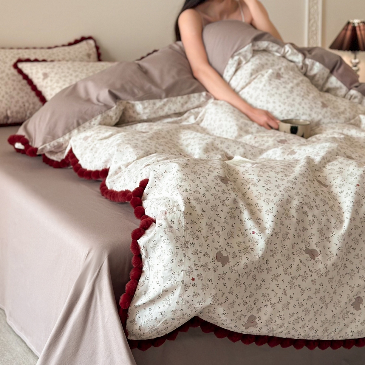 91家纺网 家纺一手货源 找家纺 羚羊语家纺 2026新款全棉毛球款四件套40支纯棉轻奢13372小清新喷气印花四件套被套床单床笠三件套 云边榻