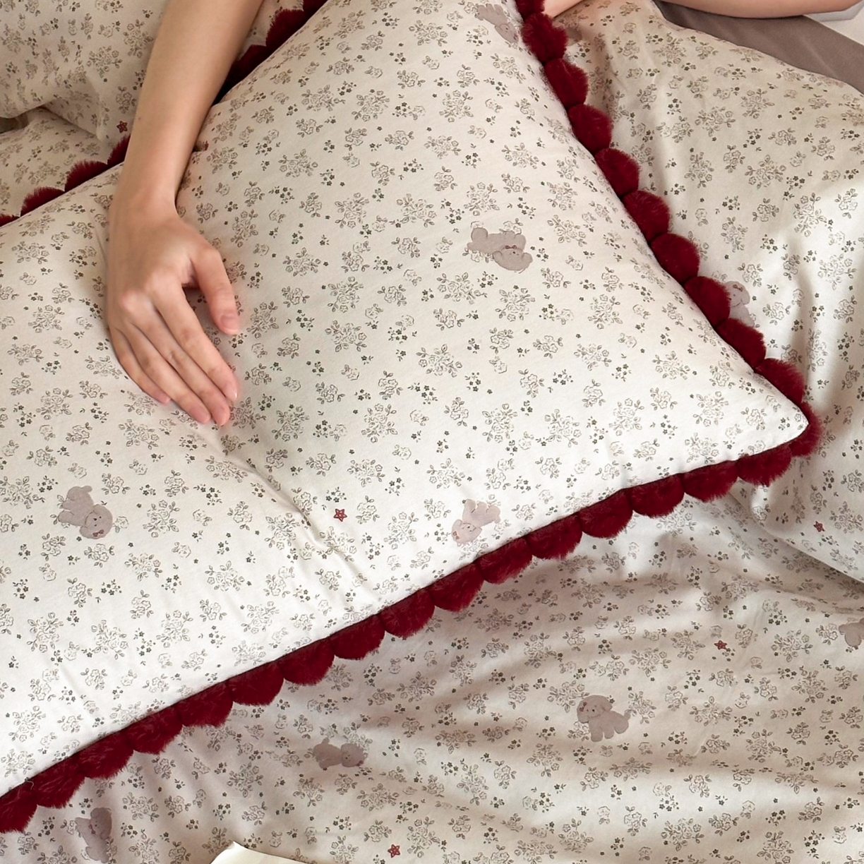 91家纺网 家纺一手货源 找家纺 羚羊语家纺 2026新款全棉毛球款四件套40支纯棉轻奢13372小清新喷气印花四件套被套床单床笠三件套 云边榻