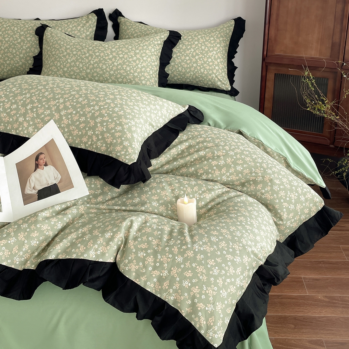 91家纺网 家纺一手货源 找家纺 （总）羚羊语家纺 2026新款全棉法式赫本风花边四件套40支纯棉轻法式13372小清新喷气印花四件套被套床单床笠三件套