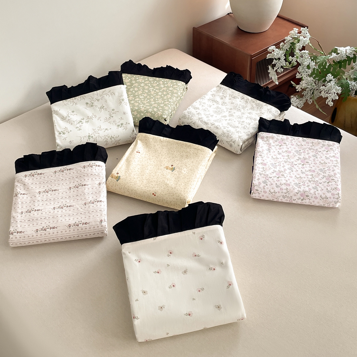 羚羊语家纺 2026新款全棉法式赫本风花边四件套40支纯棉轻法式13372小清新喷气印花四件套被套床单床笠三件套 组合