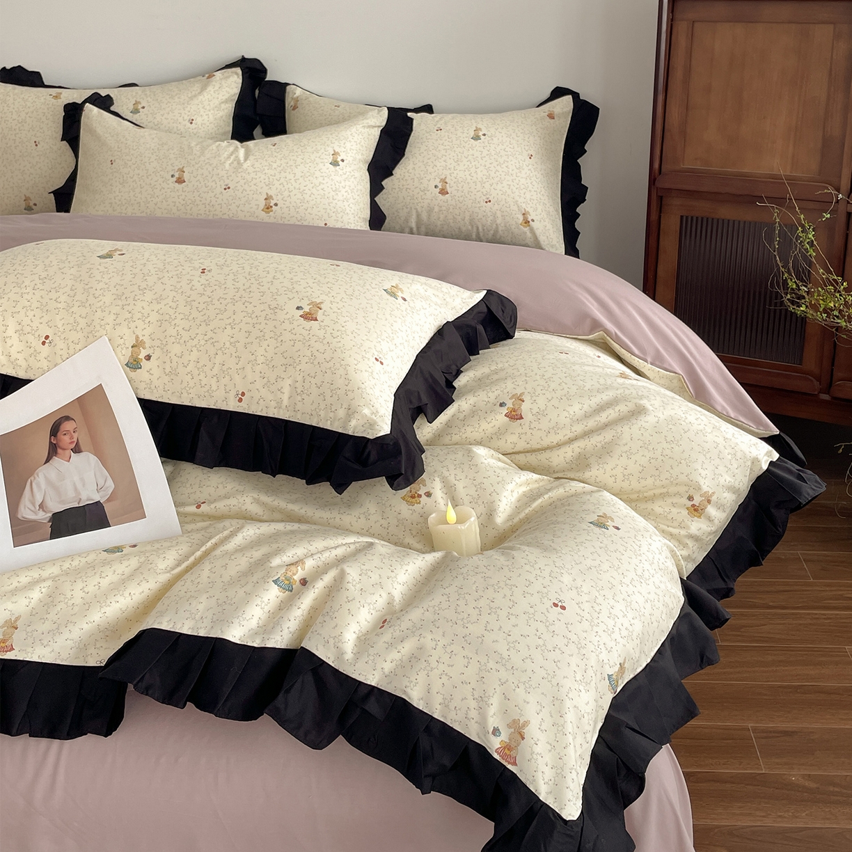 羚羊语家纺 2026新款全棉法式赫本风花边四件套40支纯棉轻法式13372小清新喷气印花四件套被套床单床笠三件套 甜憩间