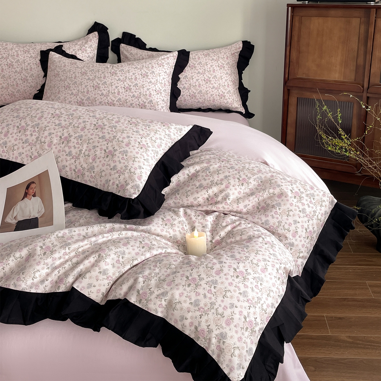 羚羊语家纺 2026新款全棉法式赫本风花边四件套40支纯棉轻法式13372小清新喷气印花四件套被套床单床笠三件套 绀雾纱