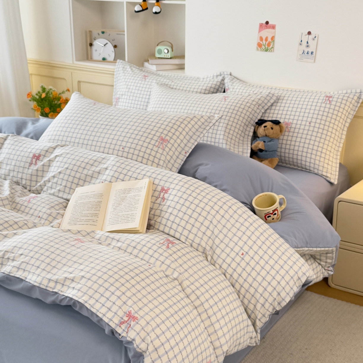 91家纺网 家纺一手货源 找家纺 梦纤绒 2026新款高克重古法水洗棉四件套 雾兰格纹