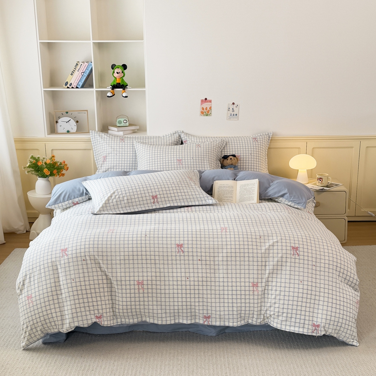 91家纺网 家纺一手货源 找家纺 梦纤绒 2026新款高克重古法水洗棉四件套 雾兰格纹