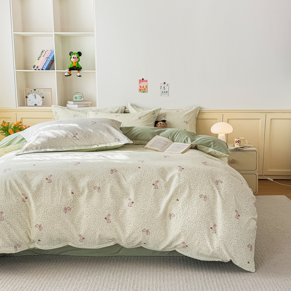 91家纺网 家纺一手货源 找家纺 梦纤绒 2026新款高克重古法水洗棉四件套 萌兔小窝