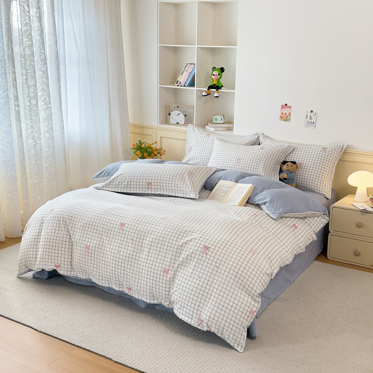 91家纺网 家纺一手货源 找家纺 梦纤绒 2026新款高克重古法水洗棉四件套 雾兰格纹