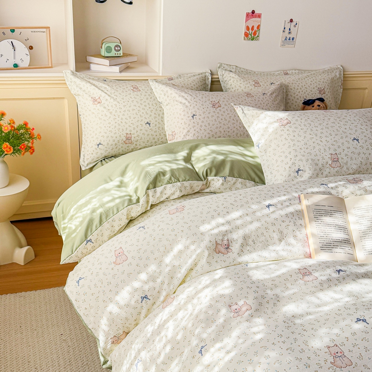 91家纺网 家纺一手货源 找家纺 梦纤绒 2026新款高克重古法水洗棉四件套 喵趣蝴蝶