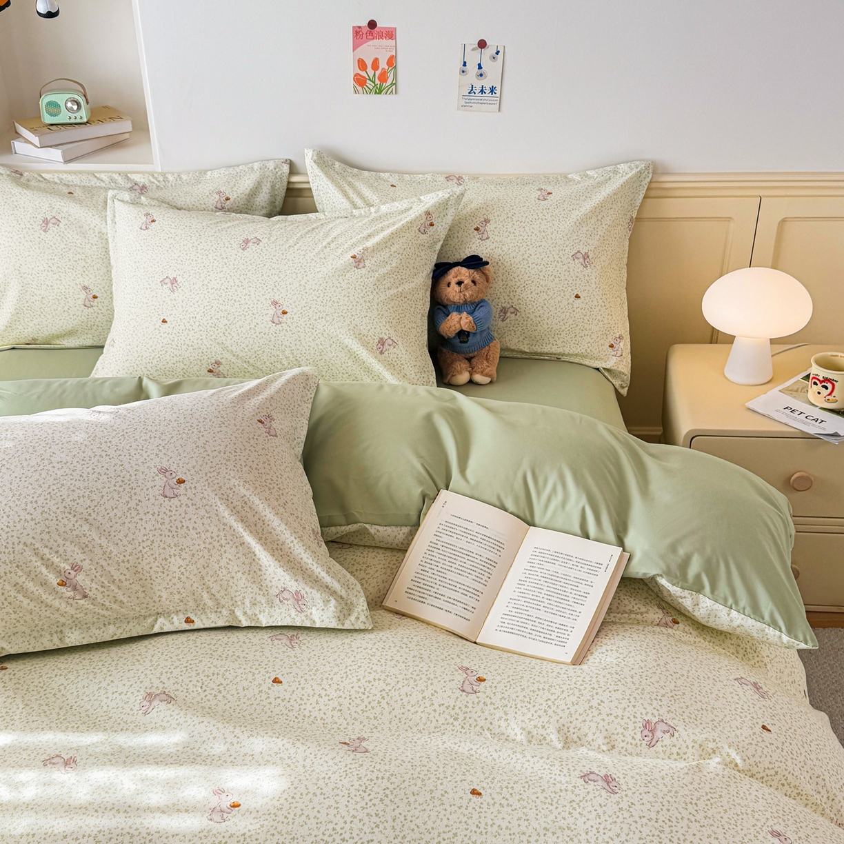 91家纺网 家纺一手货源 找家纺 梦纤绒 2026新款高克重古法水洗棉四件套 萌兔小窝