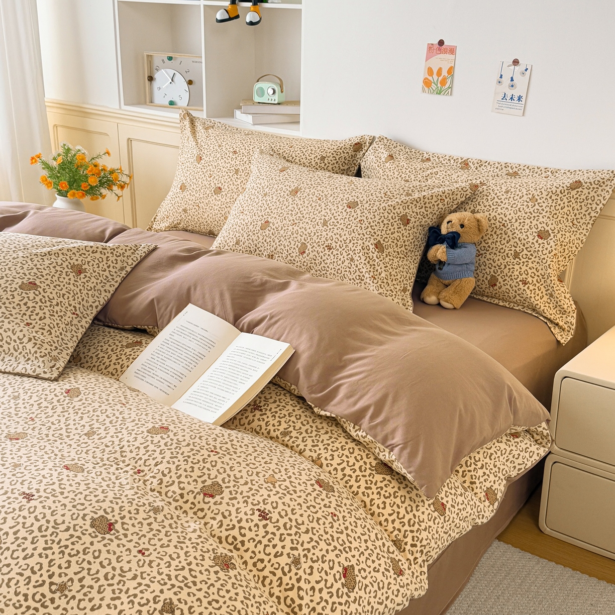 91家纺网 家纺一手货源 找家纺 梦纤绒 2026新款高克重古法水洗棉四件套 豹纹喵影