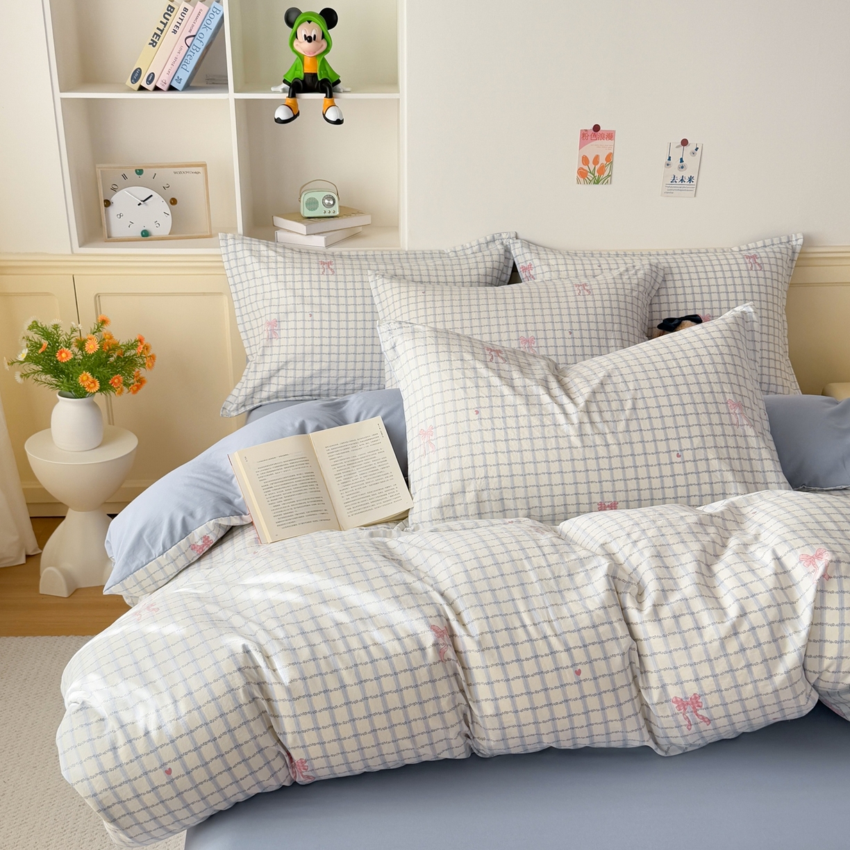 91家纺网 家纺一手货源 找家纺 梦纤绒 2026新款高克重古法水洗棉四件套 雾兰格纹