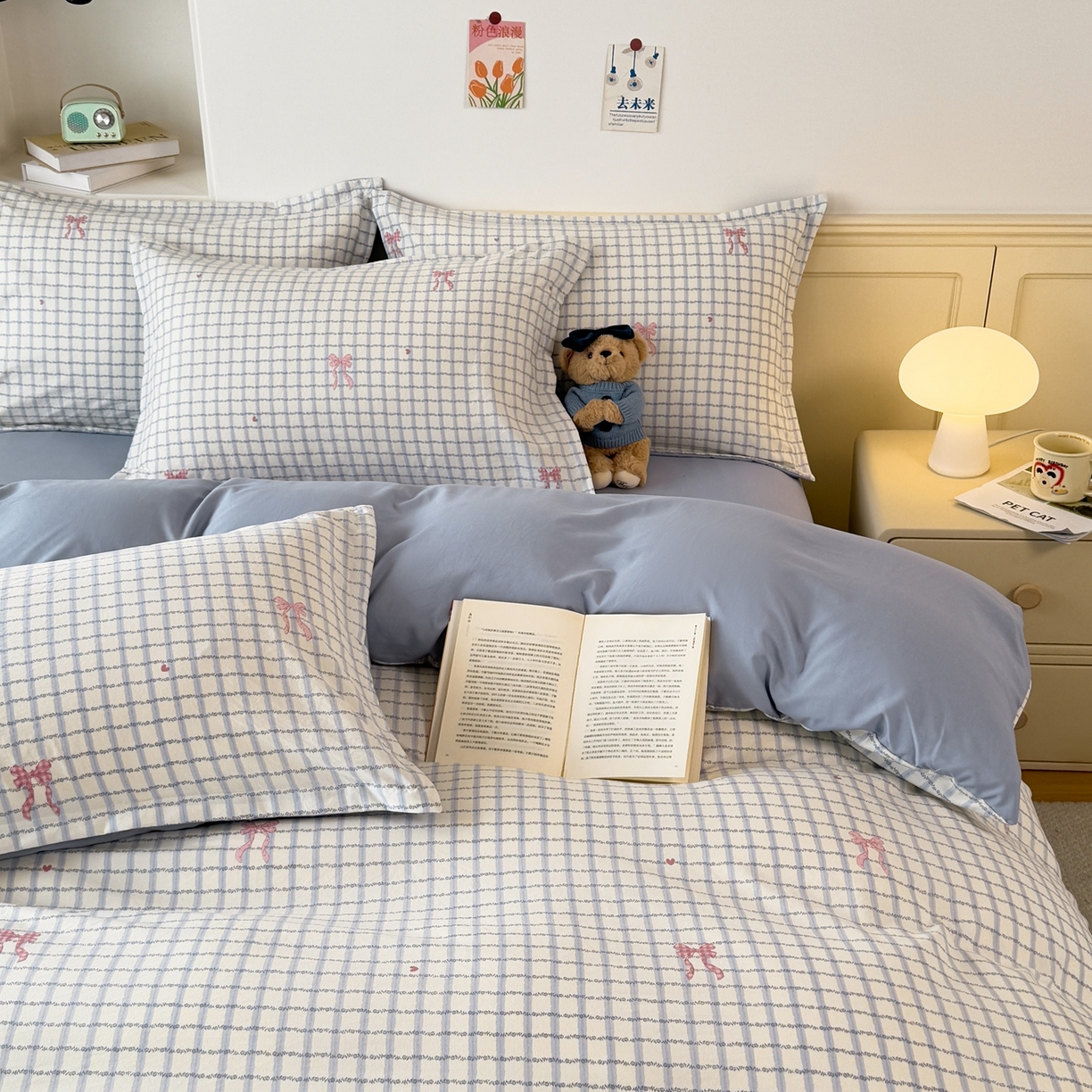 91家纺网 家纺一手货源 找家纺 梦纤绒 2026新款高克重古法水洗棉四件套 雾兰格纹