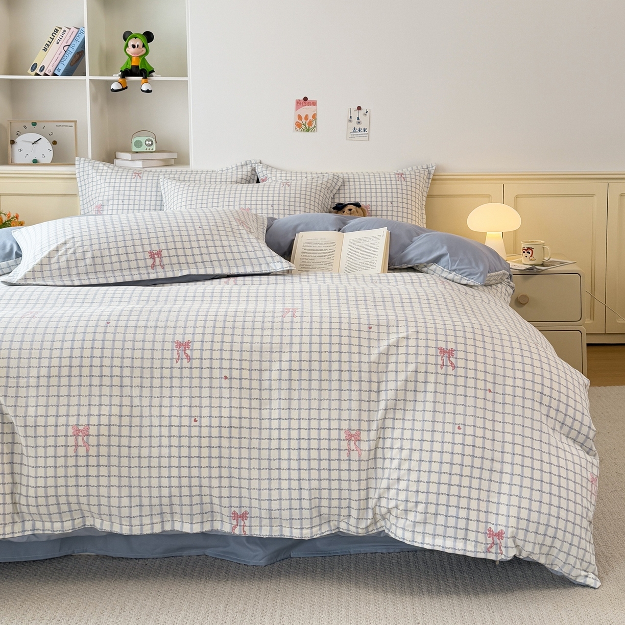 91家纺网 家纺一手货源 找家纺 梦纤绒 2026新款高克重古法水洗棉四件套 雾兰格纹