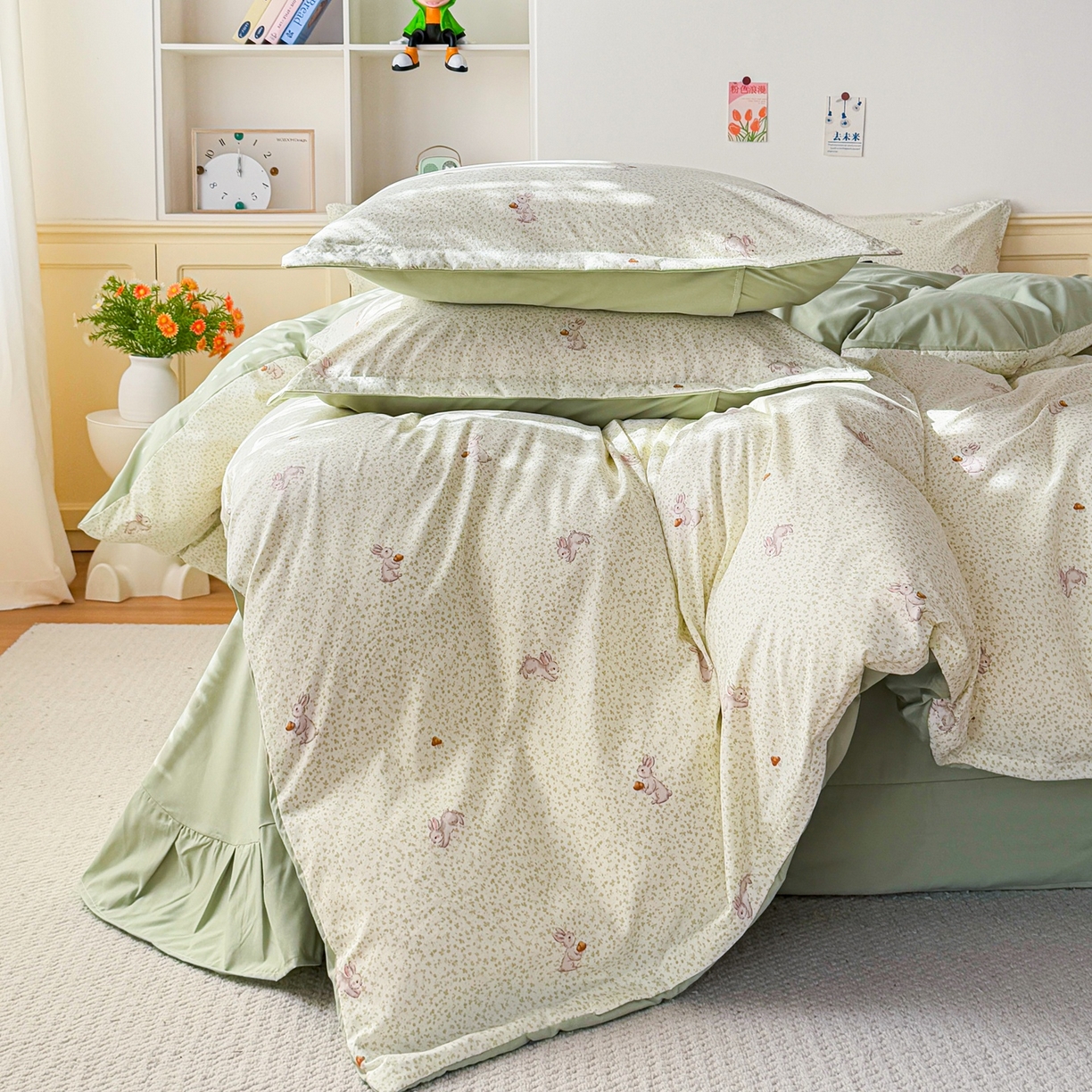 91家纺网 家纺一手货源 找家纺 梦纤绒 2026新款高克重古法水洗棉四件套 萌兔小窝