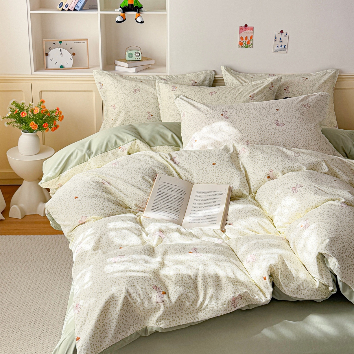 91家纺网 家纺一手货源 找家纺 梦纤绒 2026新款高克重古法水洗棉四件套 萌兔小窝