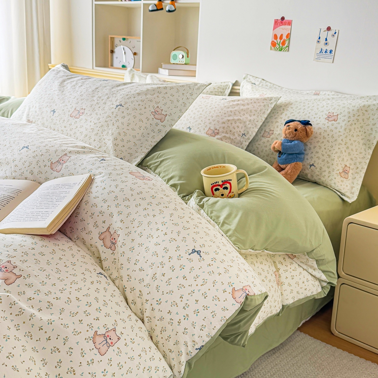 梦纤绒 2026新款高克重古法水洗棉四件套 喵趣蝴蝶