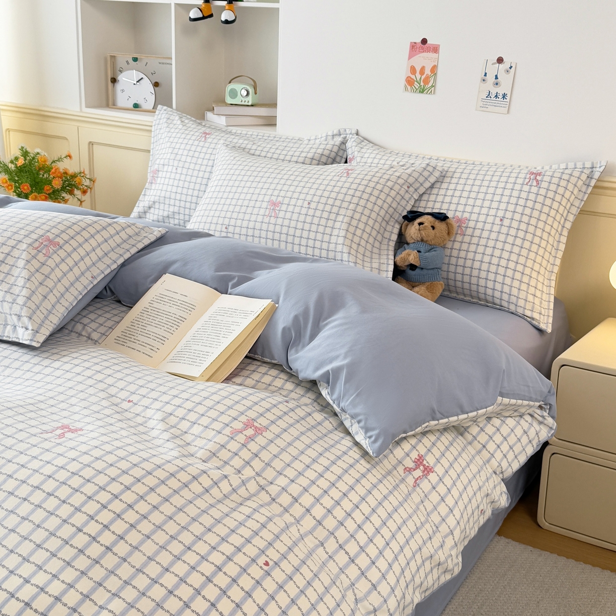 91家纺网 家纺一手货源 找家纺 梦纤绒 2026新款高克重古法水洗棉四件套 雾兰格纹