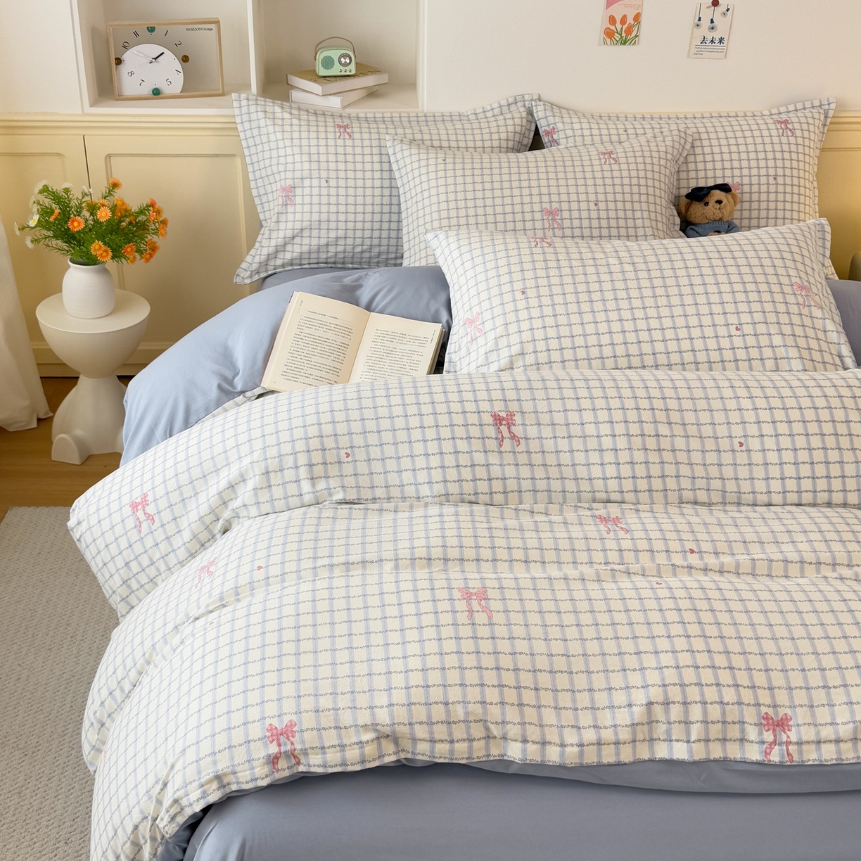 91家纺网 家纺一手货源 找家纺 梦纤绒 2026新款高克重古法水洗棉四件套 雾兰格纹