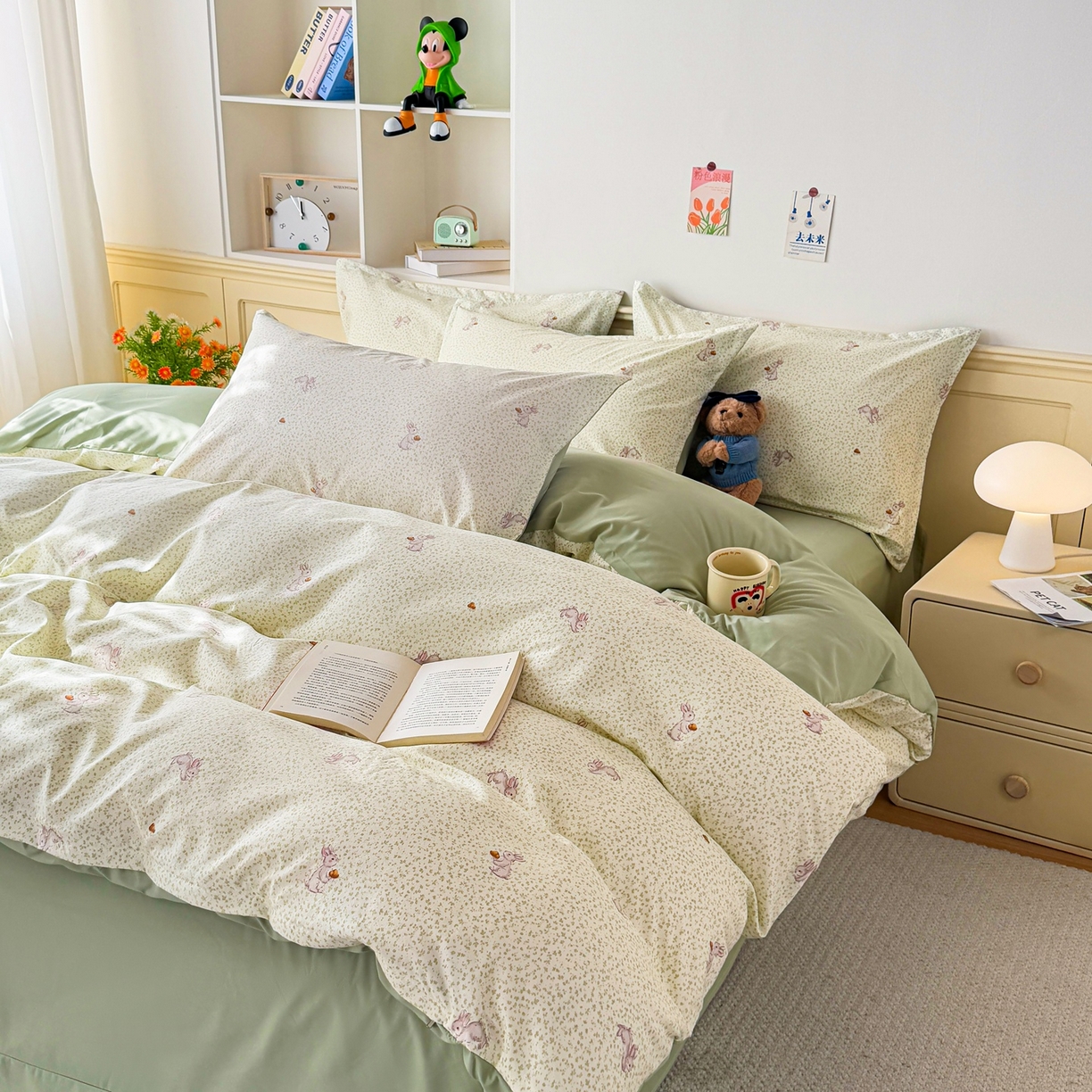 91家纺网 家纺一手货源 找家纺 梦纤绒 2026新款高克重古法水洗棉四件套 萌兔小窝