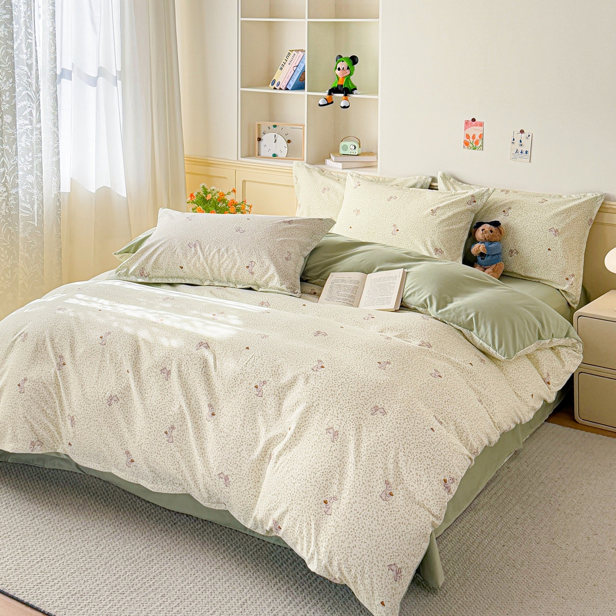 91家纺网 家纺一手货源 找家纺 梦纤绒 2026新款高克重古法水洗棉四件套 萌兔小窝