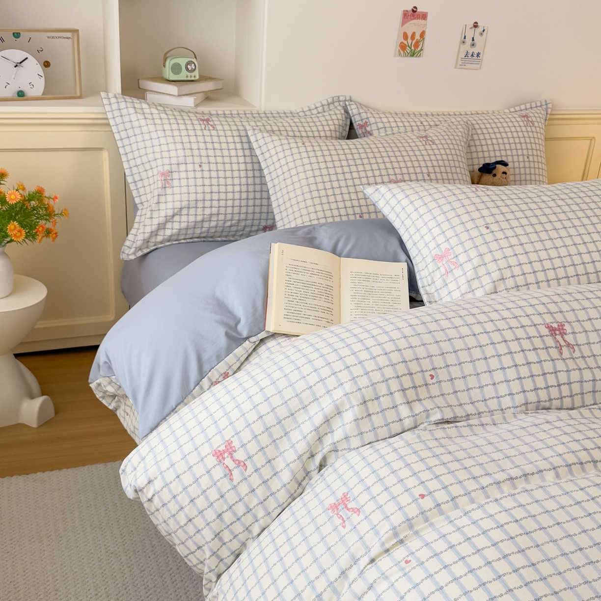 91家纺网 家纺一手货源 找家纺 梦纤绒 2026新款高克重古法水洗棉四件套 雾兰格纹