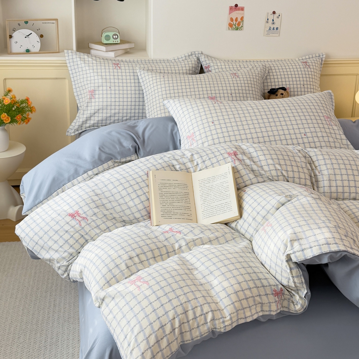 91家纺网 家纺一手货源 找家纺 梦纤绒 2026新款高克重古法水洗棉四件套 雾兰格纹