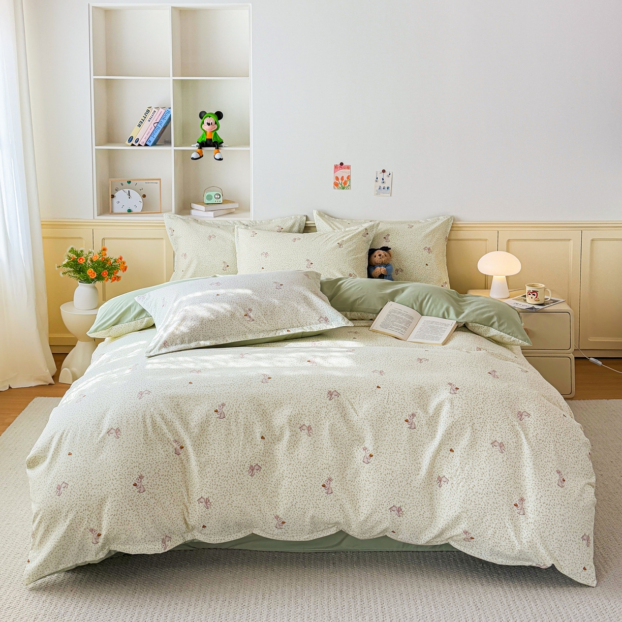 91家纺网 家纺一手货源 找家纺 梦纤绒 2026新款高克重古法水洗棉四件套 萌兔小窝