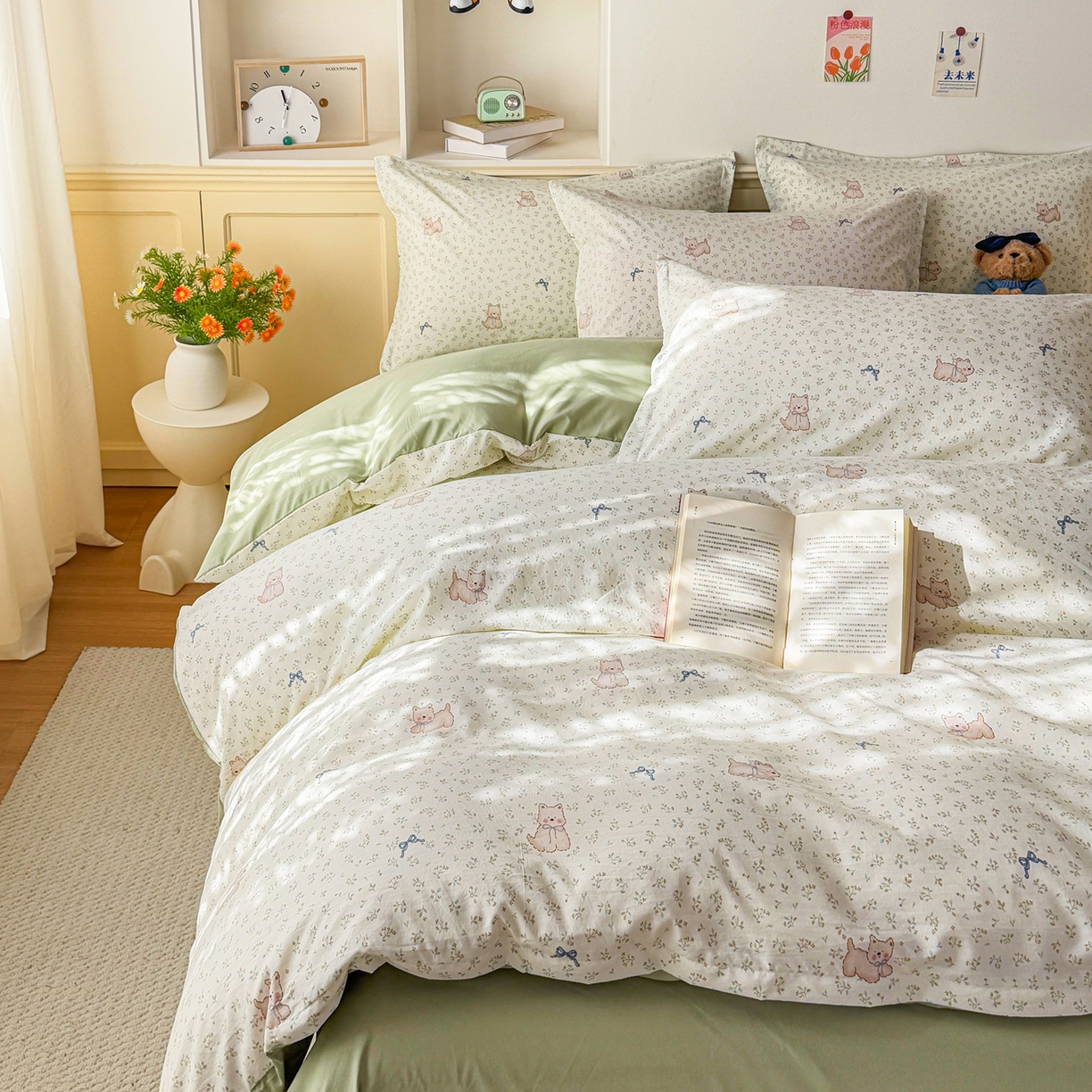 91家纺网 家纺一手货源 找家纺 梦纤绒 2026新款高克重古法水洗棉四件套 喵趣蝴蝶