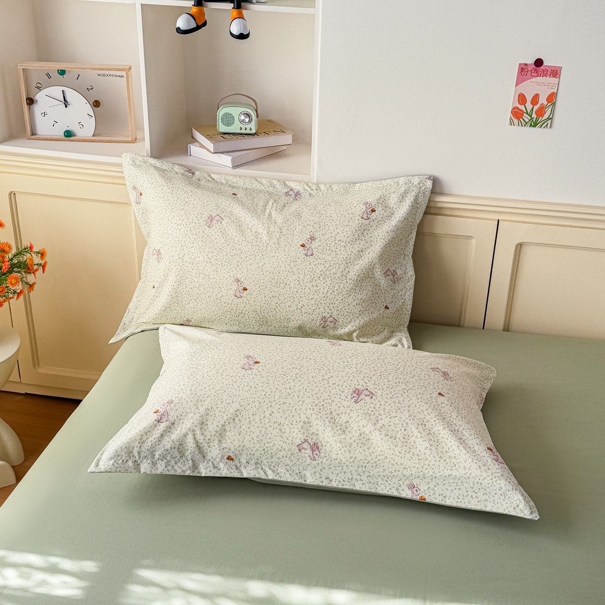 91家纺网 家纺一手货源 找家纺 梦纤绒 2026新款高克重古法水洗棉四件套 萌兔小窝