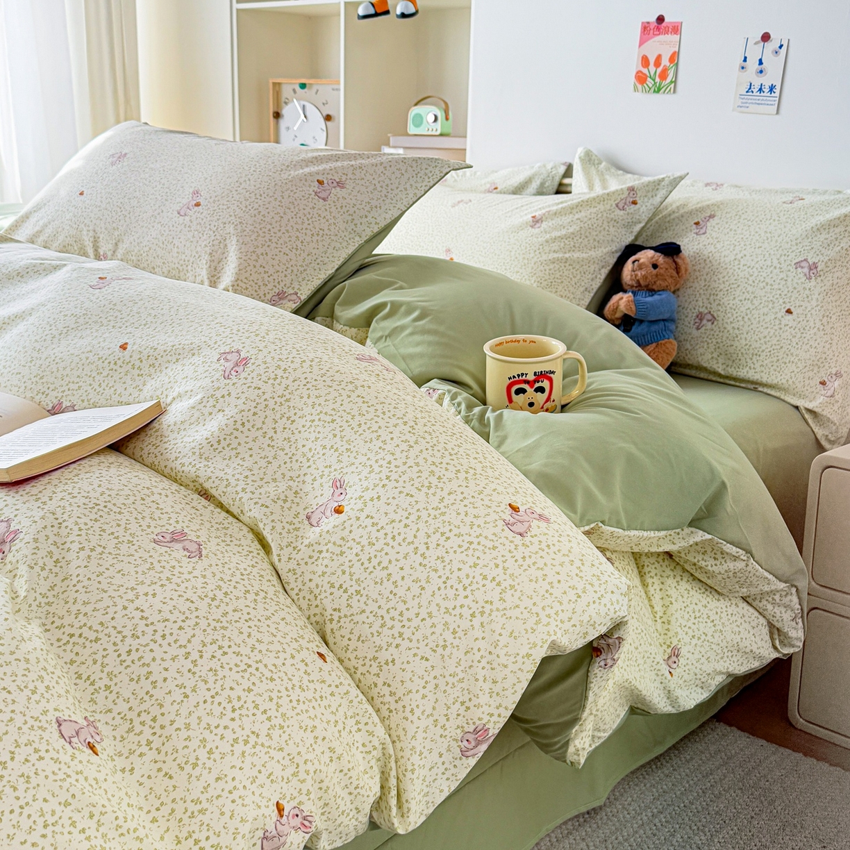 梦纤绒 2026新款高克重古法水洗棉四件套 萌兔小窝