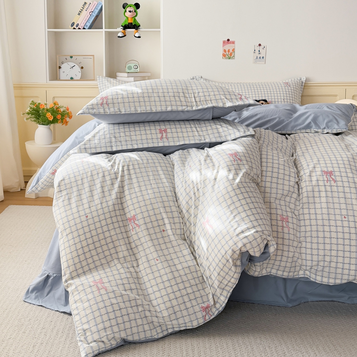 91家纺网 家纺一手货源 找家纺 梦纤绒 2026新款高克重古法水洗棉四件套 雾兰格纹