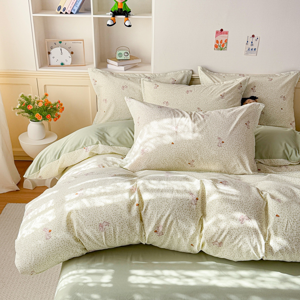 91家纺网 家纺一手货源 找家纺 梦纤绒 2026新款高克重古法水洗棉四件套 萌兔小窝