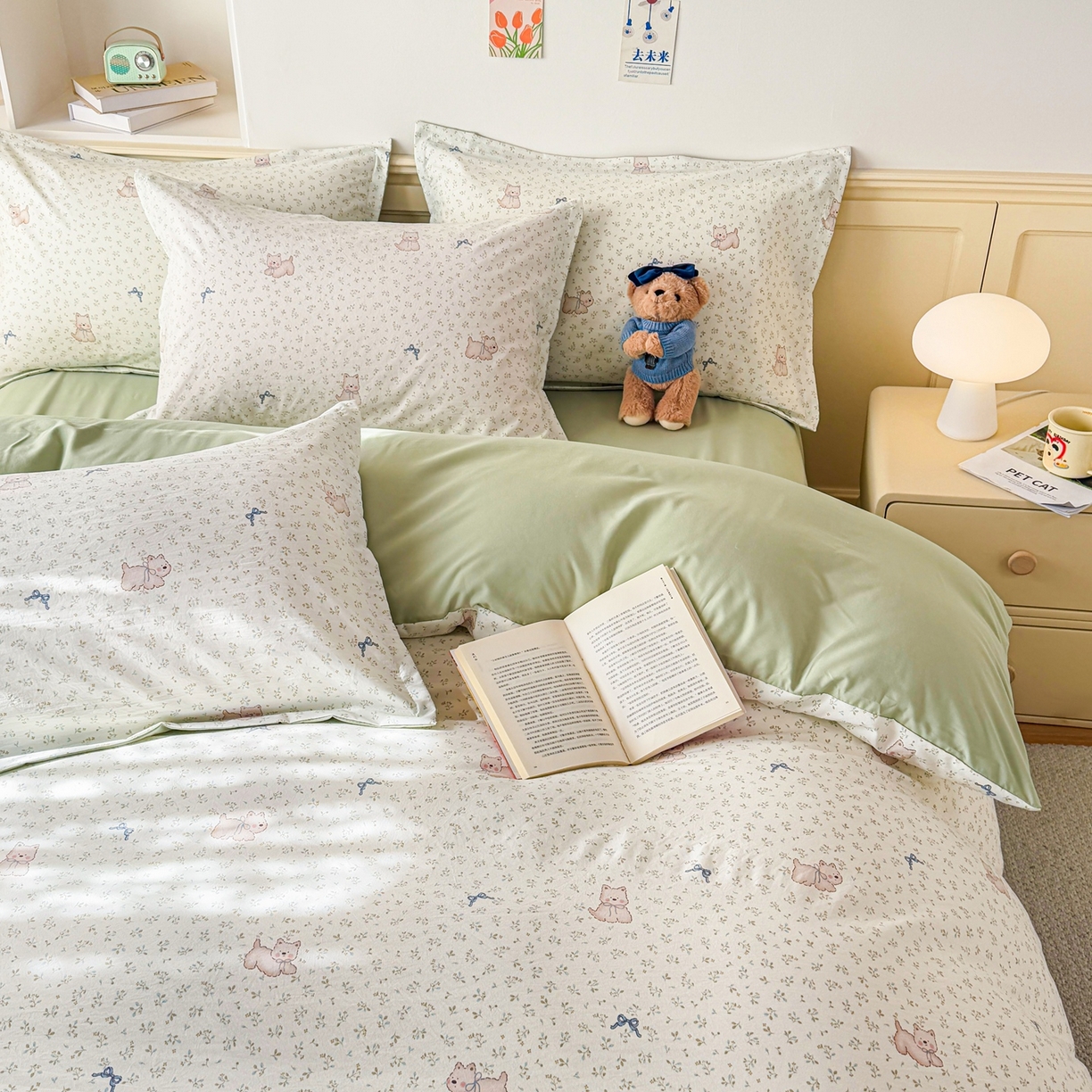 91家纺网 家纺一手货源 找家纺 梦纤绒 2026新款高克重古法水洗棉四件套 喵趣蝴蝶