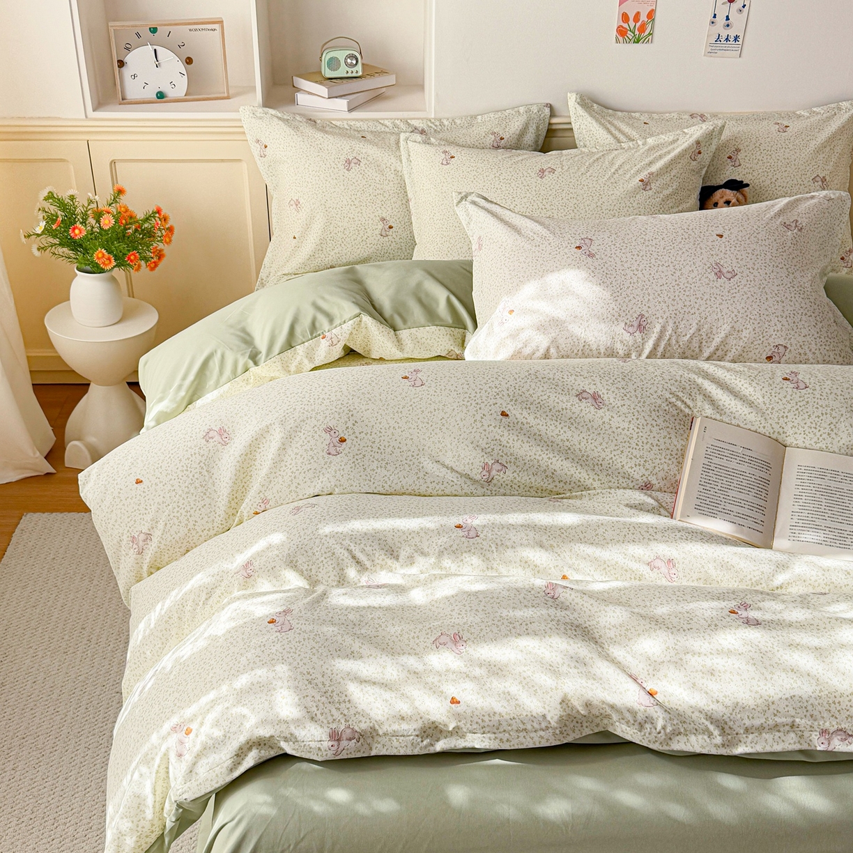 91家纺网 家纺一手货源 找家纺 梦纤绒 2026新款高克重古法水洗棉四件套 萌兔小窝