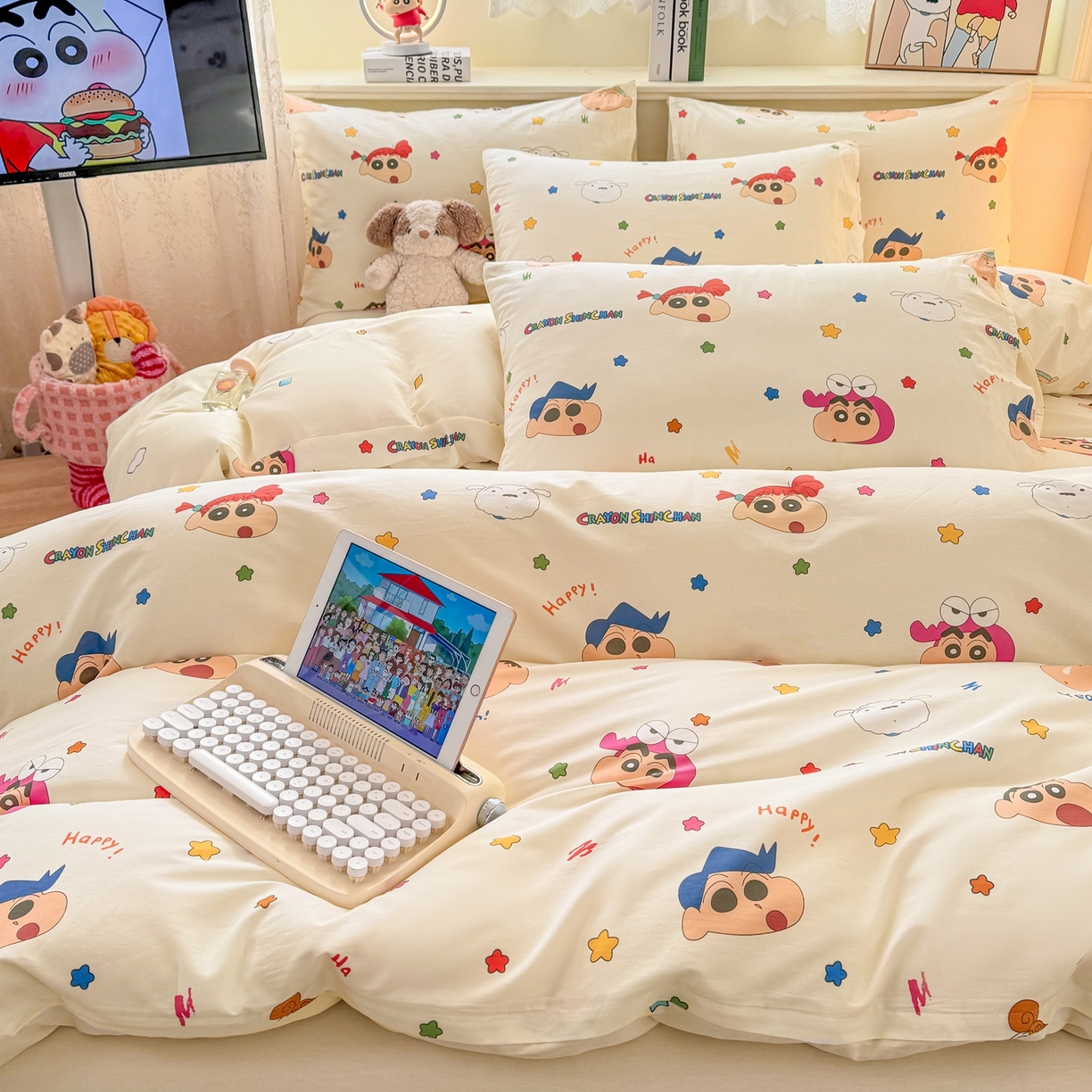 91家纺网 家纺一手货源 找家纺 博雅 2026新款蜡笔小新纯棉全棉四件套 小版-彩色星星蜡笔小新