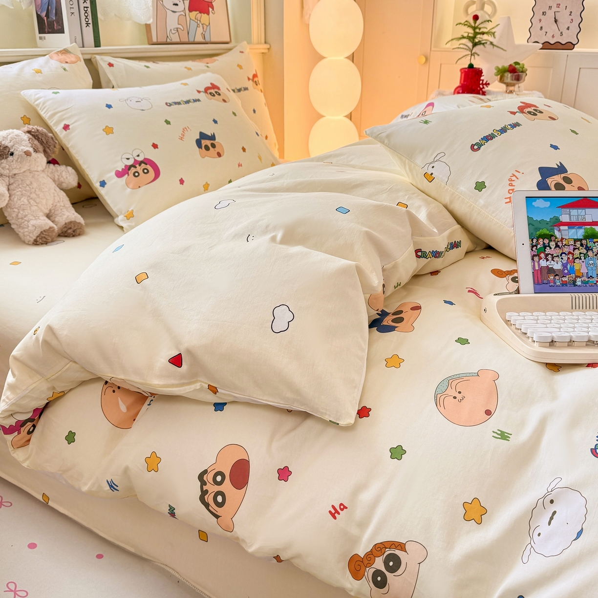 91家纺网 家纺一手货源 找家纺 博雅 2026新款蜡笔小新纯棉全棉四件套 小版-彩色星星蜡笔小新