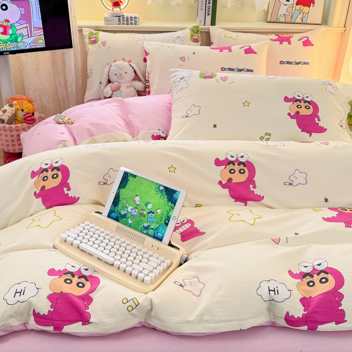 91家纺网 家纺一手货源 找家纺 博雅 2026新款蜡笔小新纯棉全棉四件套 小版-恐龙蜡笔小新