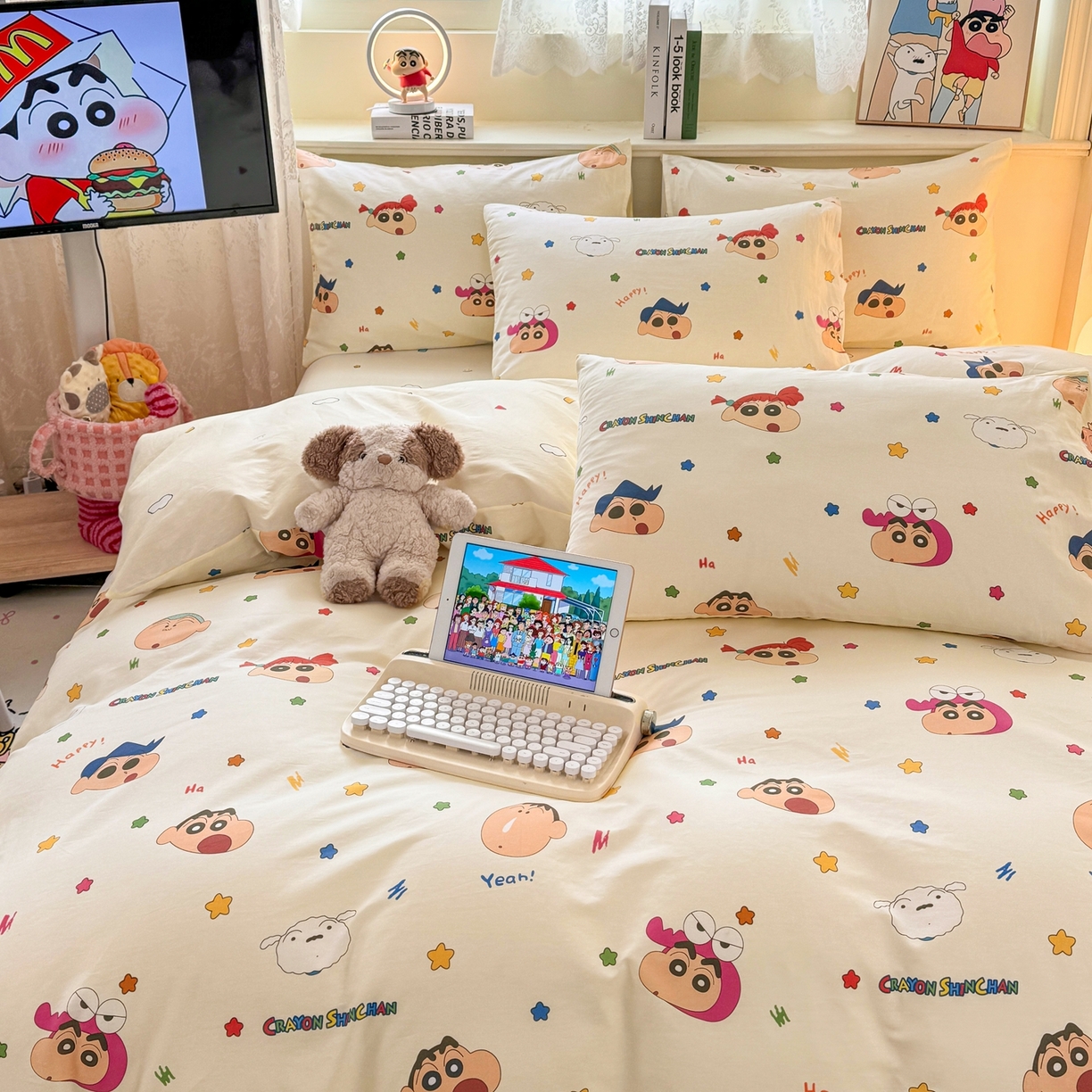 91家纺网 家纺一手货源 找家纺 博雅 2026新款蜡笔小新纯棉全棉四件套 小版-彩色星星蜡笔小新