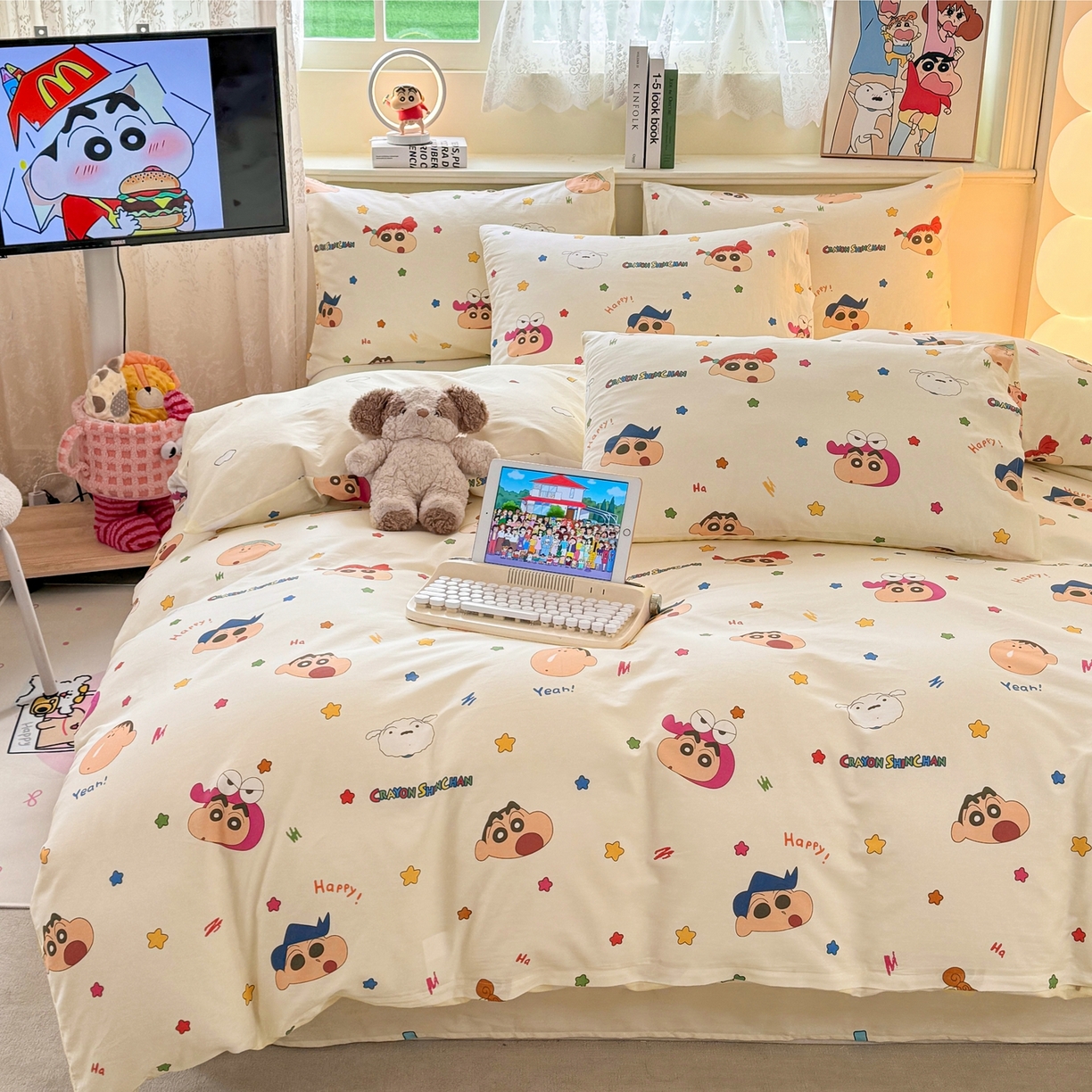 91家纺网 家纺一手货源 找家纺 博雅 2026新款蜡笔小新纯棉全棉四件套 小版-彩色星星蜡笔小新