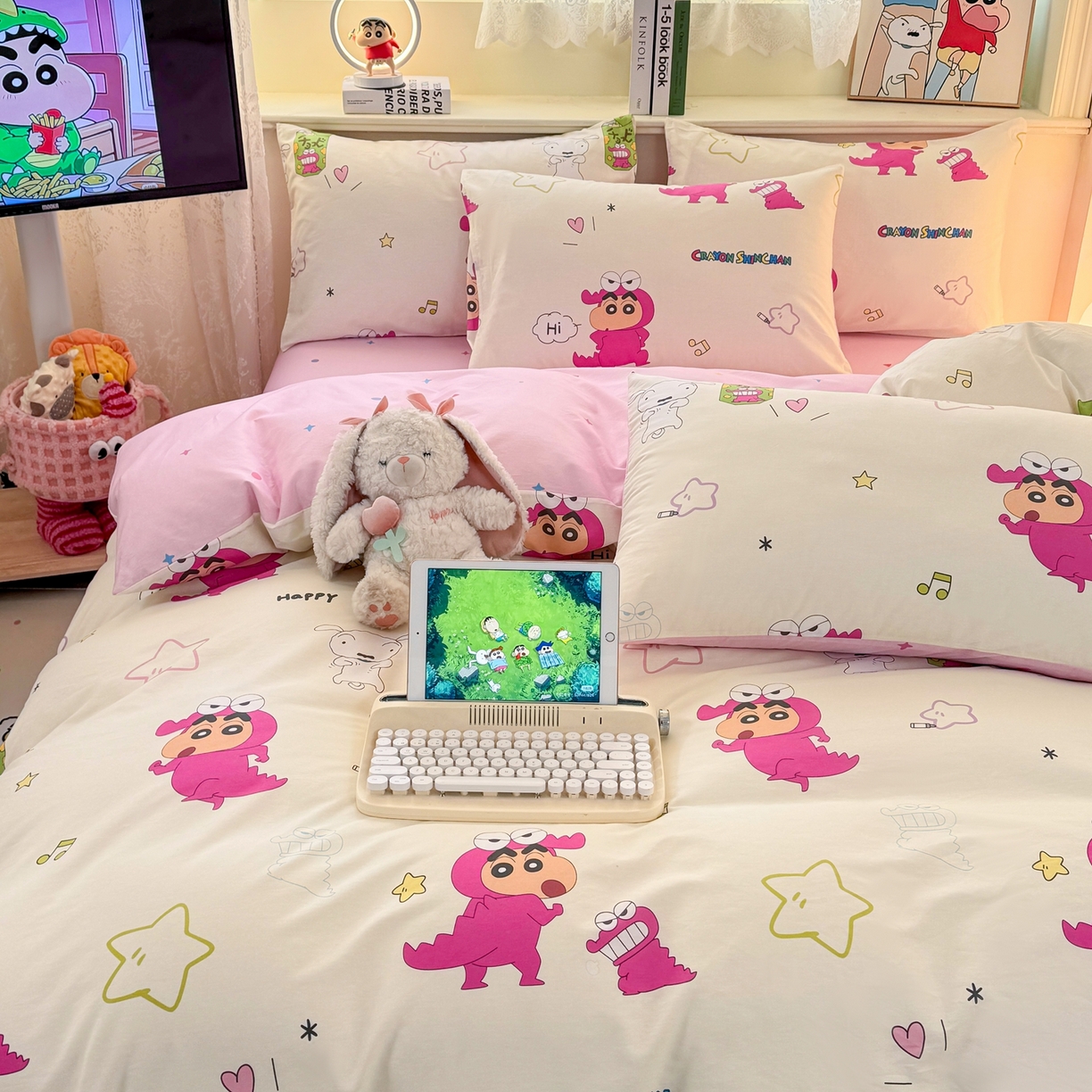 91家纺网 家纺一手货源 找家纺 博雅 2026新款蜡笔小新纯棉全棉四件套 小版-恐龙蜡笔小新