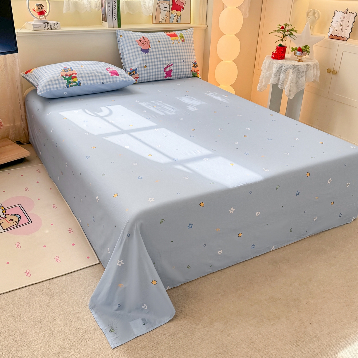 91家纺网 家纺一手货源 找家纺 博雅 2026新款蜡笔小新纯棉全棉四件套 小版-蓝格蜡笔小新