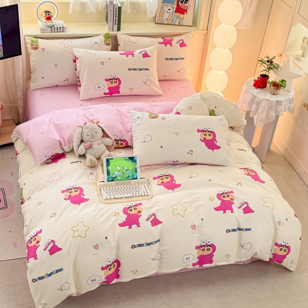 91家纺网 家纺一手货源 找家纺 博雅 2026新款蜡笔小新纯棉全棉四件套 小版-恐龙蜡笔小新