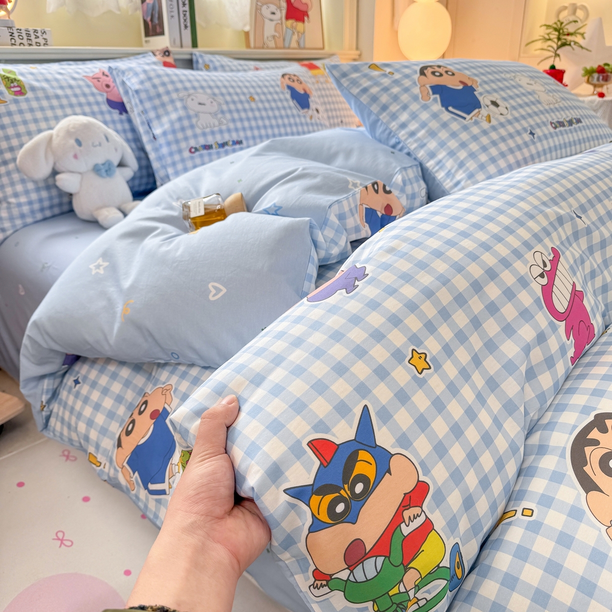 91家纺网 家纺一手货源 找家纺 博雅 2026新款蜡笔小新纯棉全棉四件套 小版-蓝格蜡笔小新