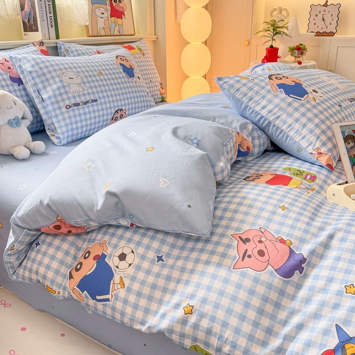 91家纺网 家纺一手货源 找家纺 博雅 2026新款蜡笔小新纯棉全棉四件套 小版-蓝格蜡笔小新